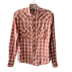 Salt Valley Western Pearl Snap Shirt Women Size XS Plaid Rust Orange Cream